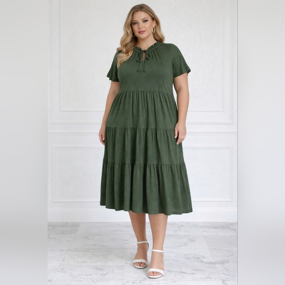 T Tahari Dresses & Skirts - Forest Green Tiered Midi Dress Size 1X | Boho Cottagecore Casual T Tahari